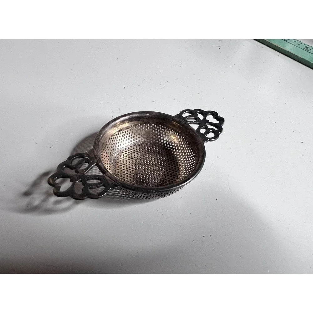 Silver Plated Tea Strainer Double Handle Perforated Bowl Tea Leaf Kitchen Gadget